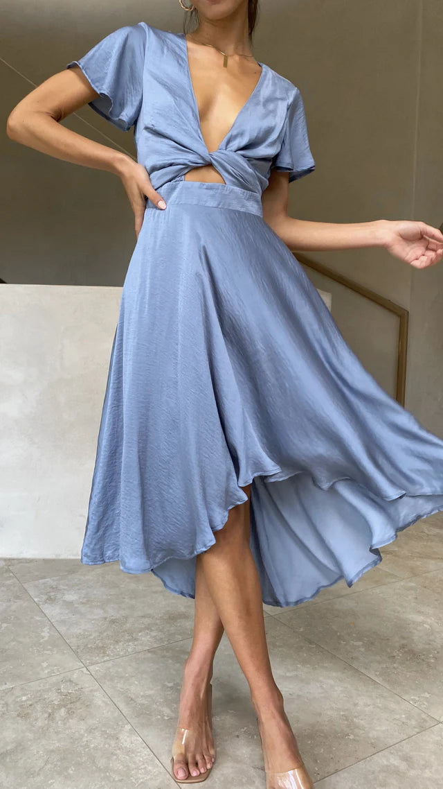 Vestido de fiesta Jimiss con escote en V profundo y mangas de mariposa hasta la rodilla