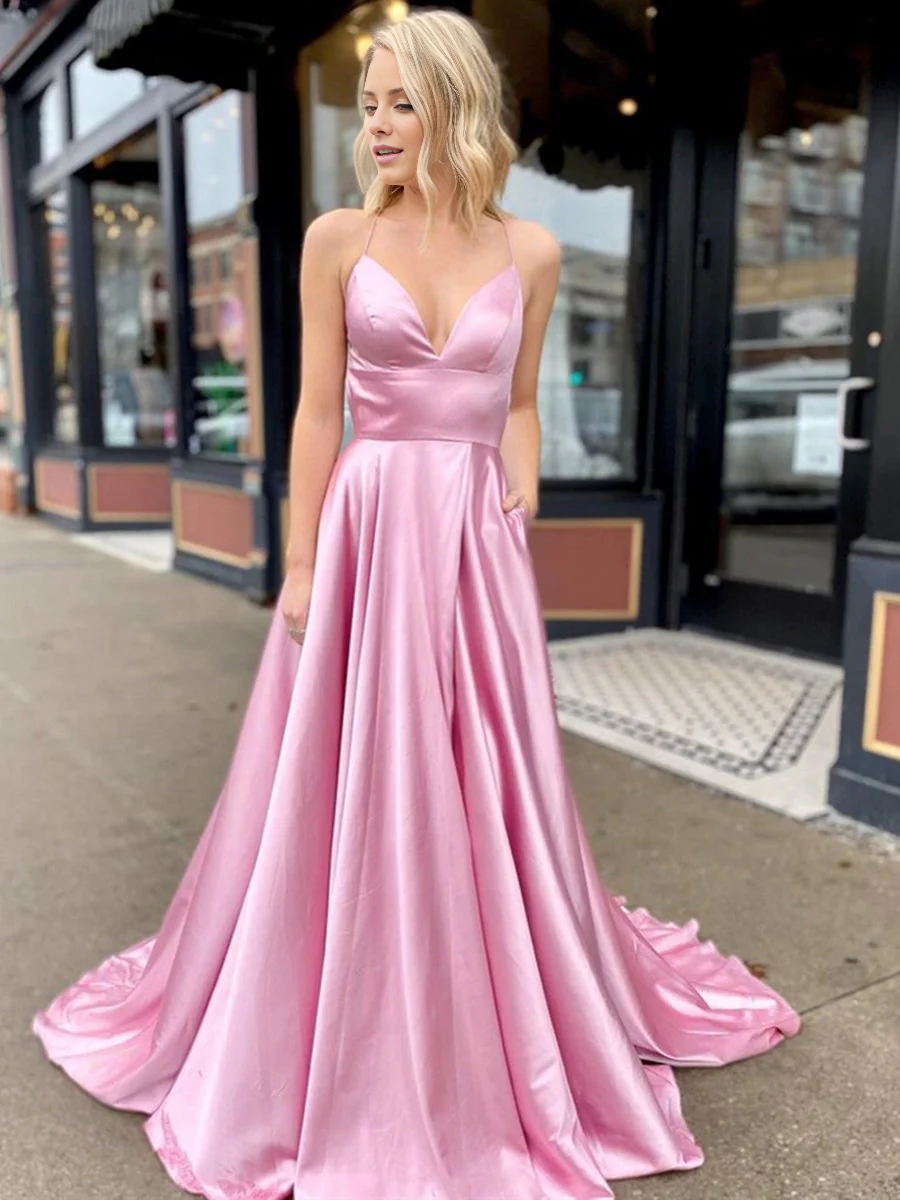 Vestido de fiesta largo de satén con escote en V y corte A de Jimiss, con abertura alta y espalda descubierta