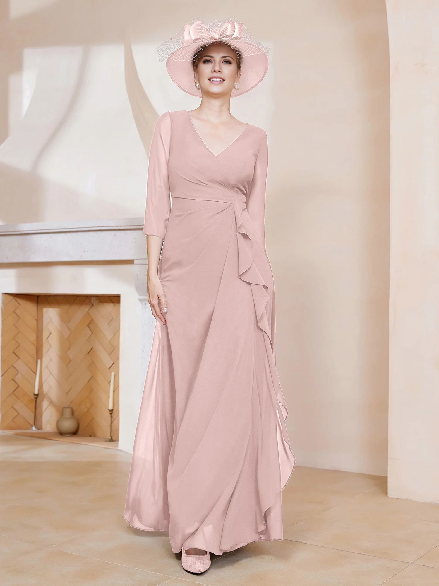 Navy Blue Chiffon A-Line V-Neck Floor-Length Evening Dress