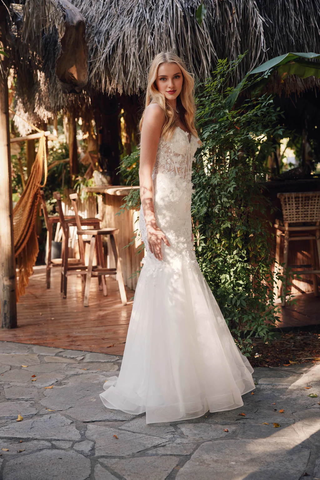 Ivory Tulle Mermaid Floor-Length Dress with Sweetheart Neckline & 3D Floral Appliques