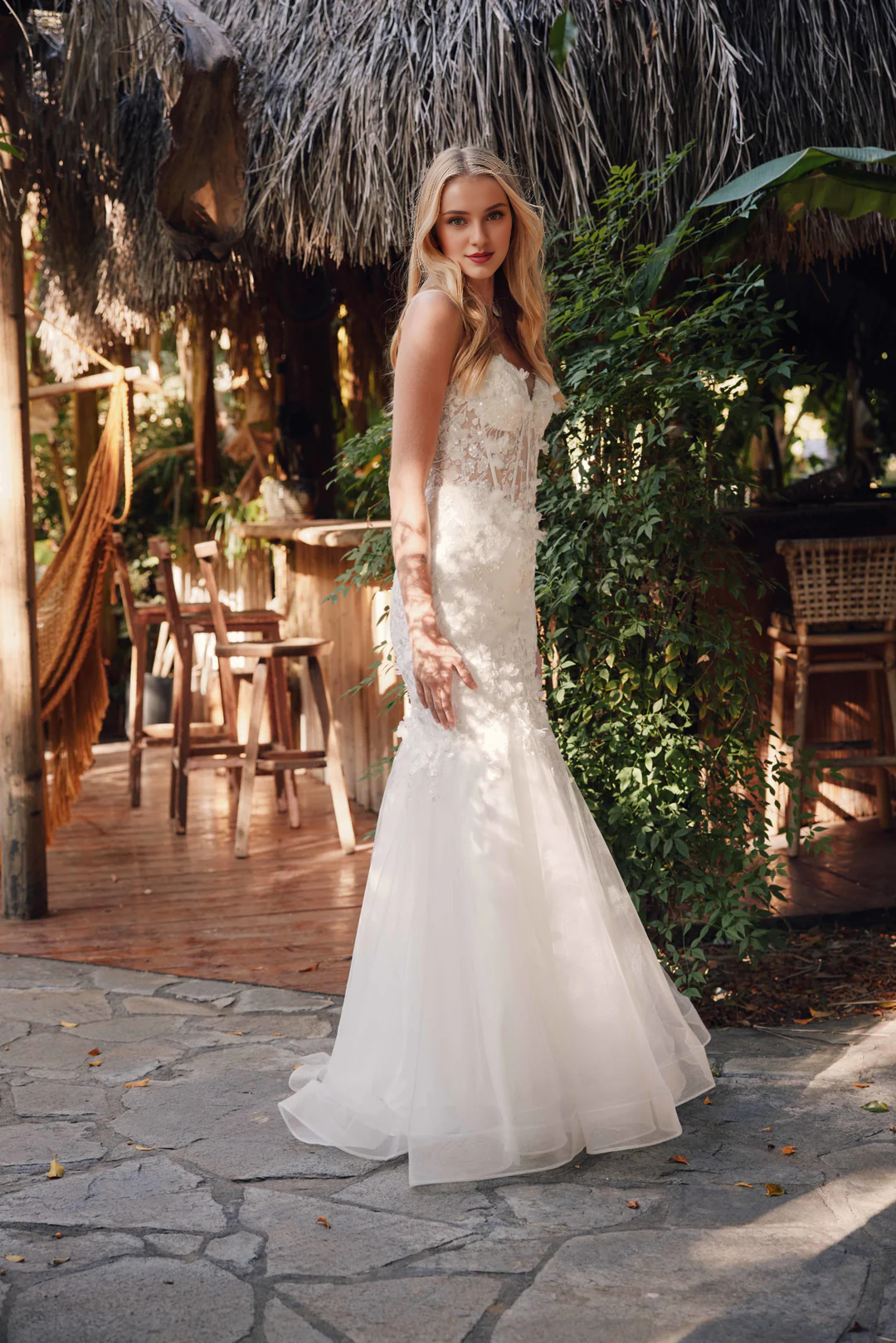 Ivory Tulle Mermaid Floor-Length Dress with Sweetheart Neckline & 3D Floral Appliques