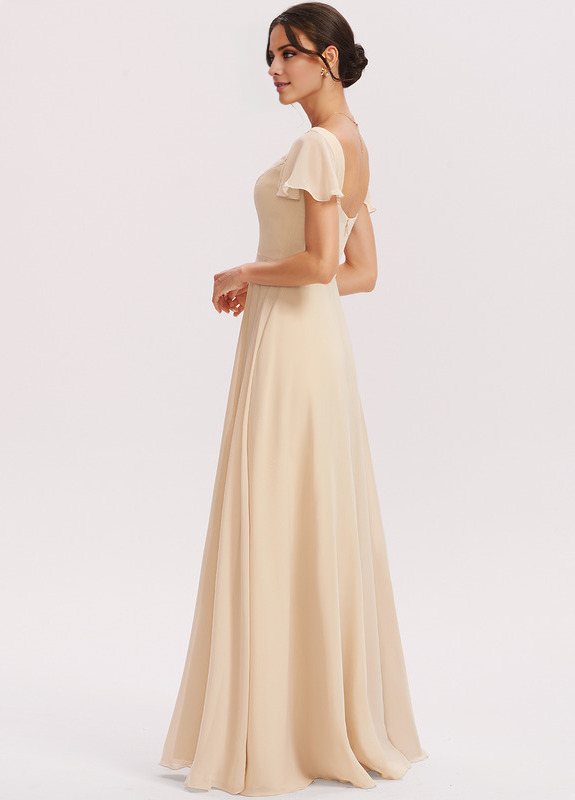 Champagne Chiffon A-Line Flutter Sleeve Floor-Length Dress for Bridesmaids & Formal Events