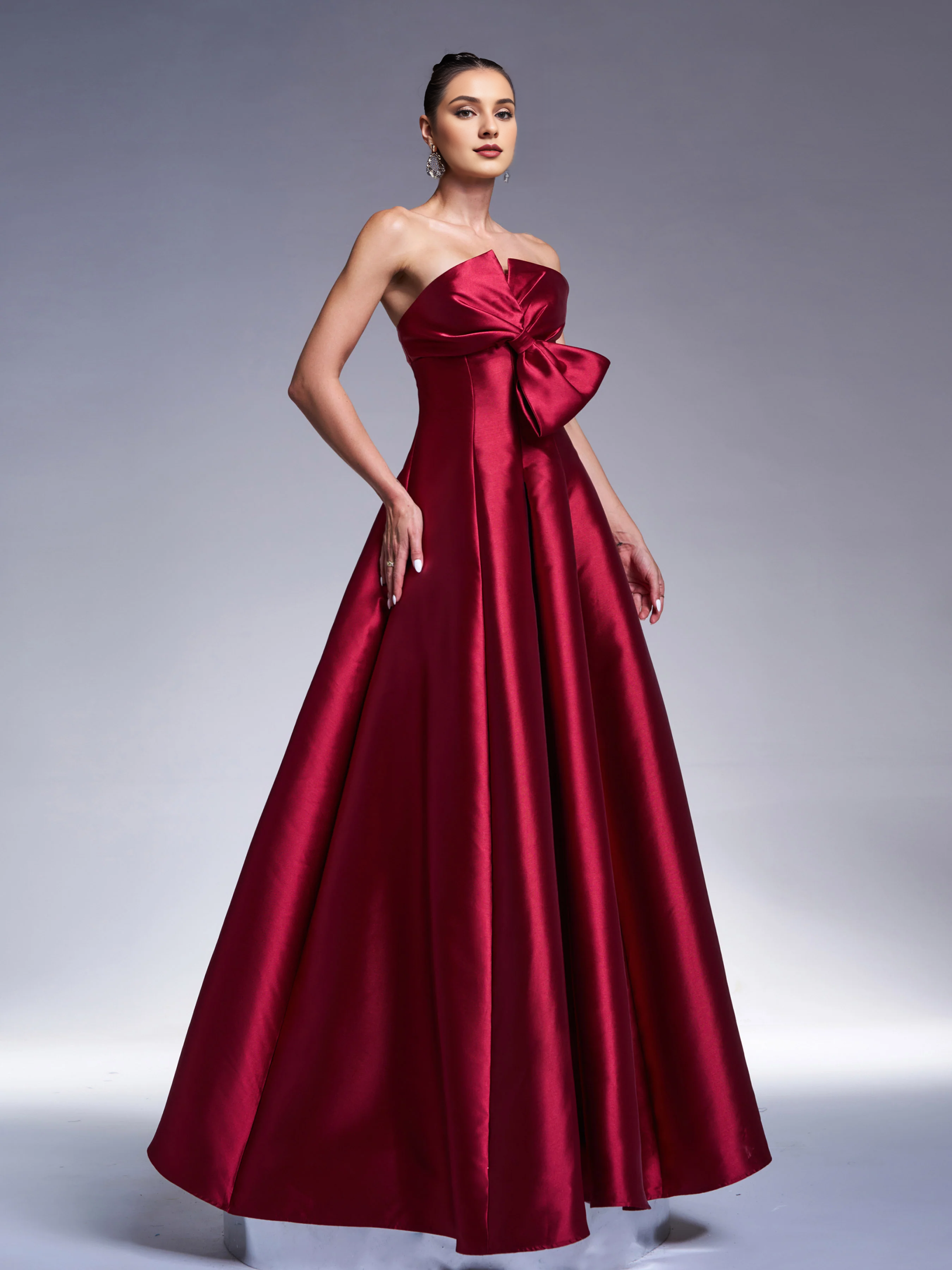 Burgundy Satin A-Line Sweetheart Floor-Length Dress with Large Bow