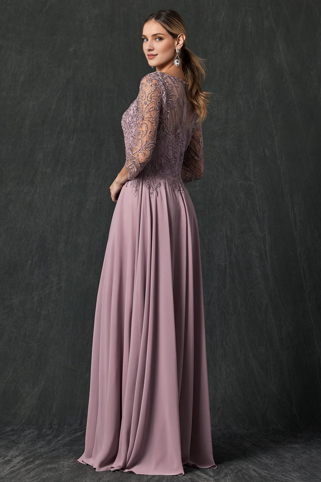 Embroidered long sleeved chiffon dress