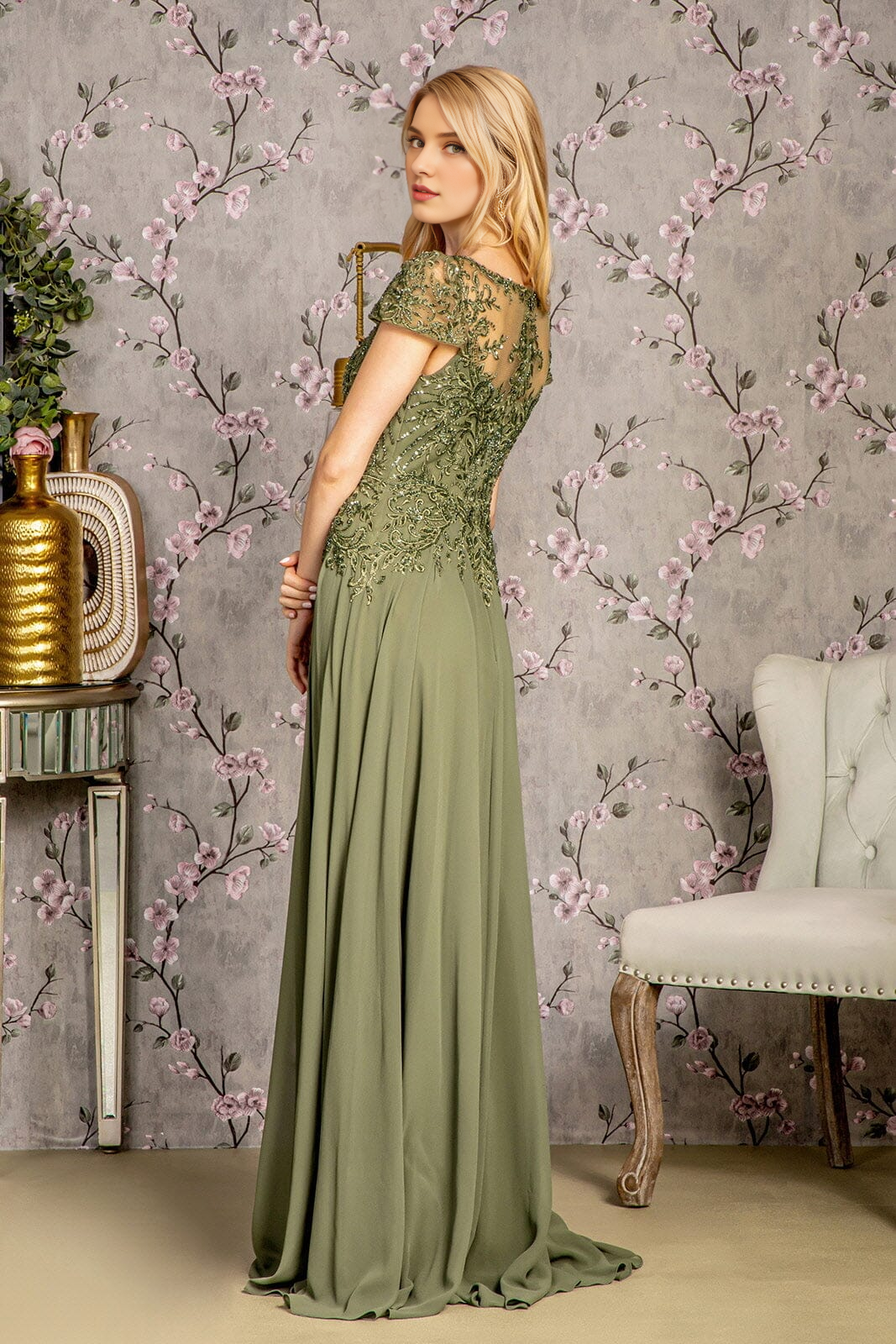Olive Green Chiffon A-Line Floor-Length Evening Dress with Embroidered Bodice