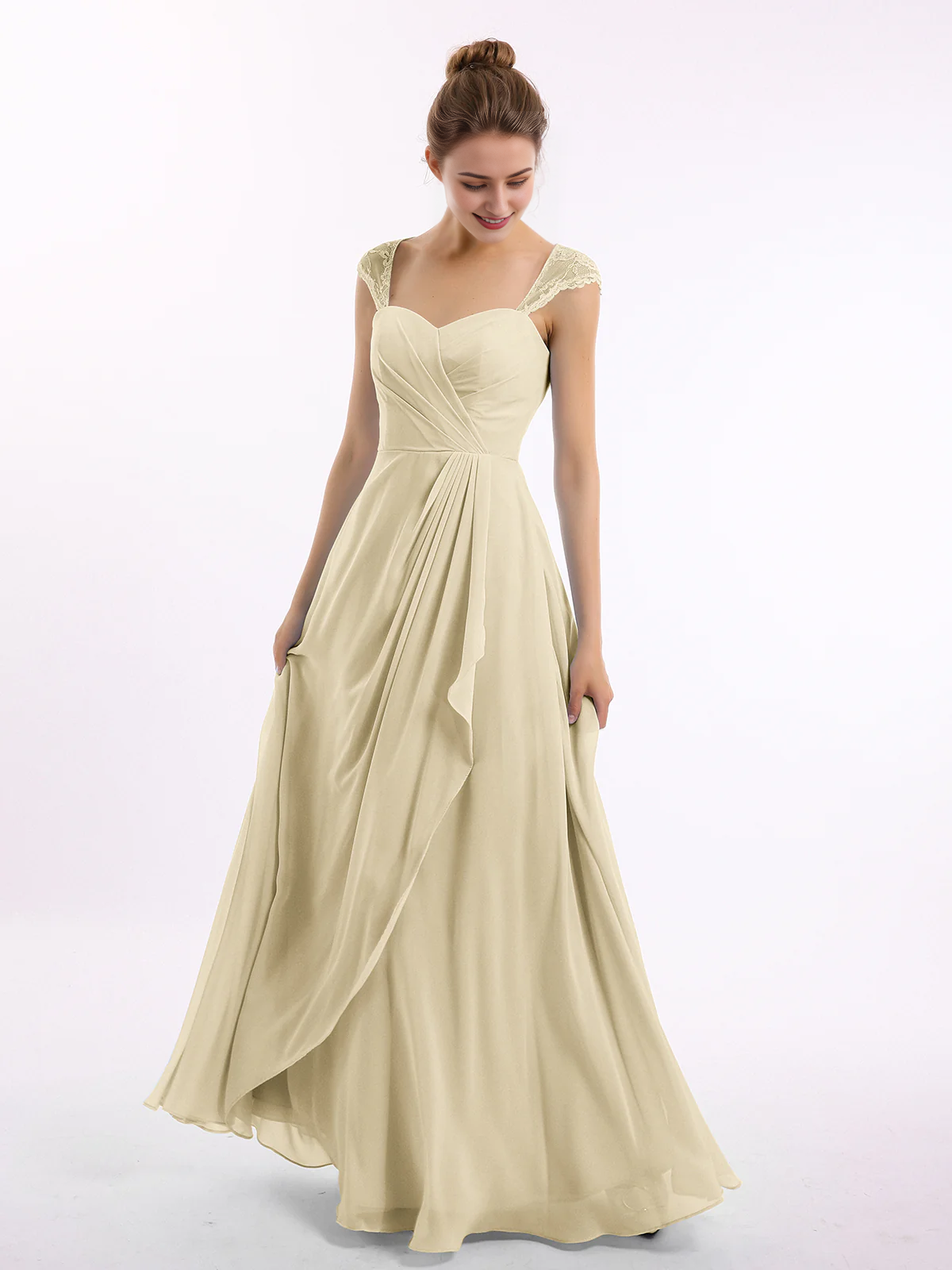 Abito da damigella d'onore in chiffon con maniche in pizzo
