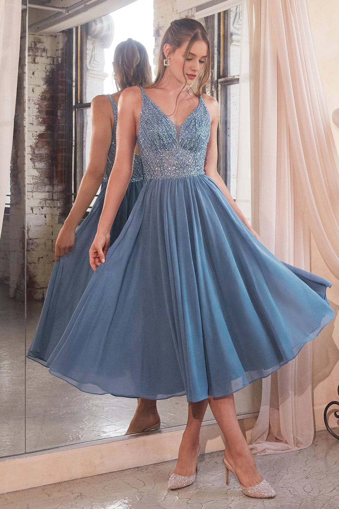 Dusty Blue Chiffon A-Line Tea-Length Bridesmaid Dress with Beaded V-Neck Bodice and V-Back