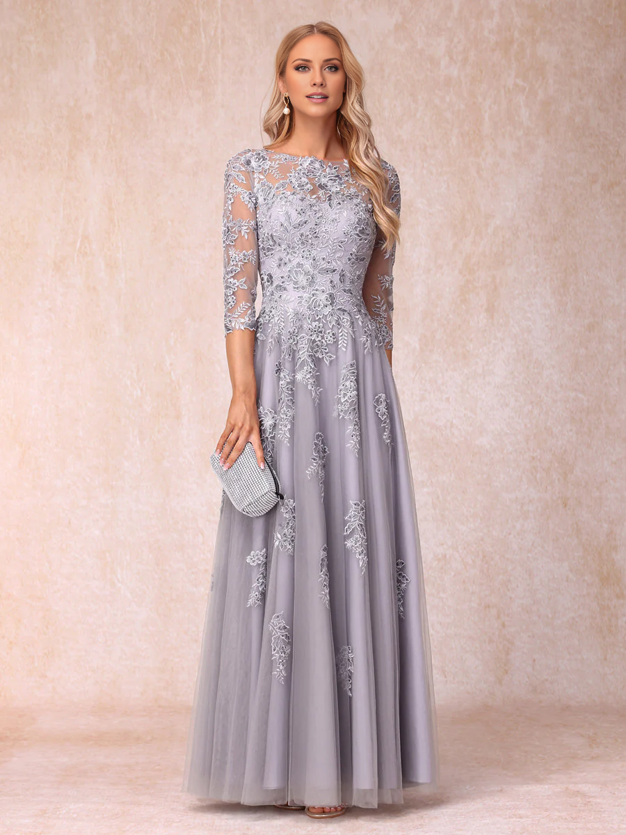 Silver Lace A-Line Floor-Length Evening Dress with Boat Neck & Back Zip