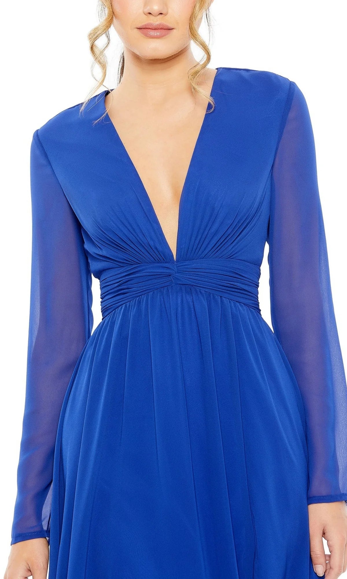 Royal Blue Chiffon A-Line V-Neck Floor-Length Dress with Ruched Bodice and High Slit