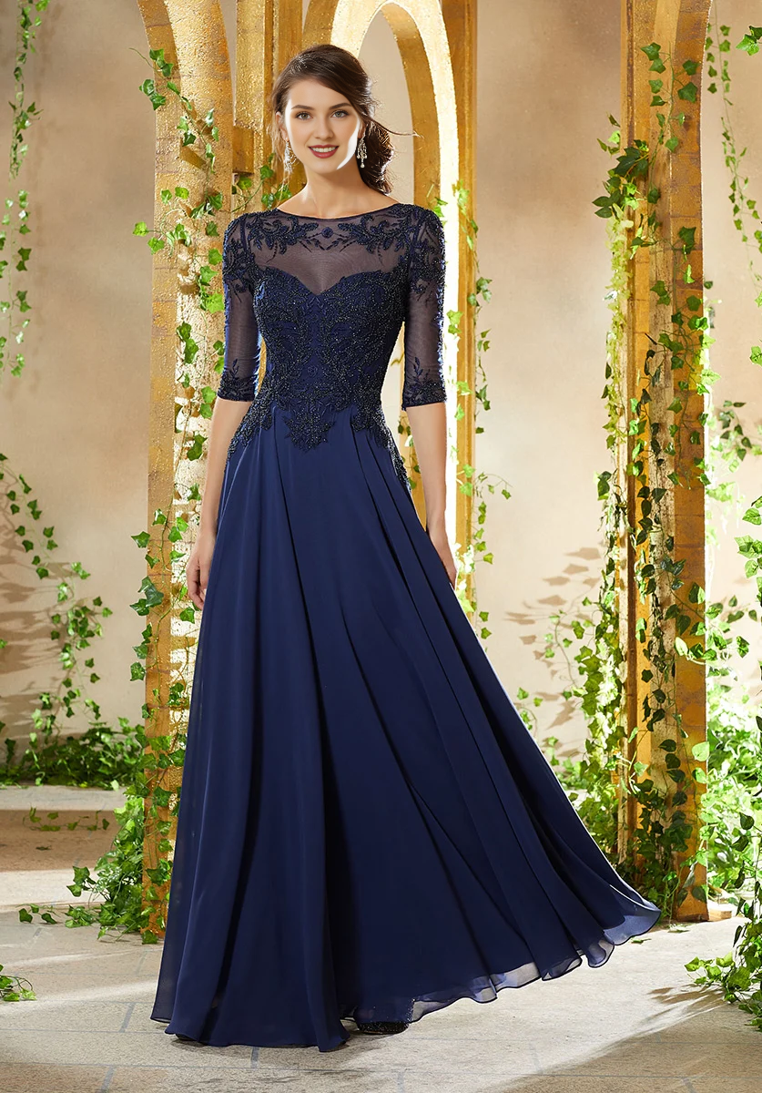 Mocha Chiffon Embroidered Bodice Illusion Sleeves A-Line Floor-Length Evening Dress