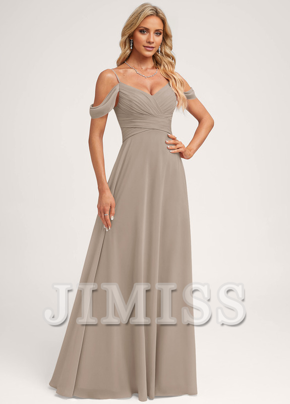 Abito da damigella d'onore in chiffon lungo fino a terra, con spalle scoperte e linea ad A