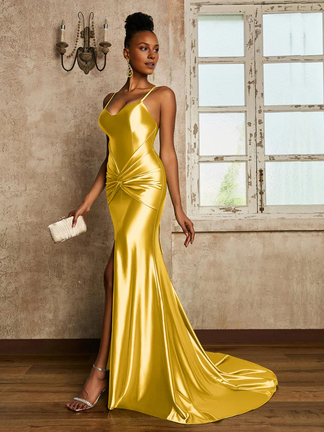 Satin Spaghetti-Strap Ruched Bodice High-Slit Sheath Train Floor-Length Bridesmaid Dresses