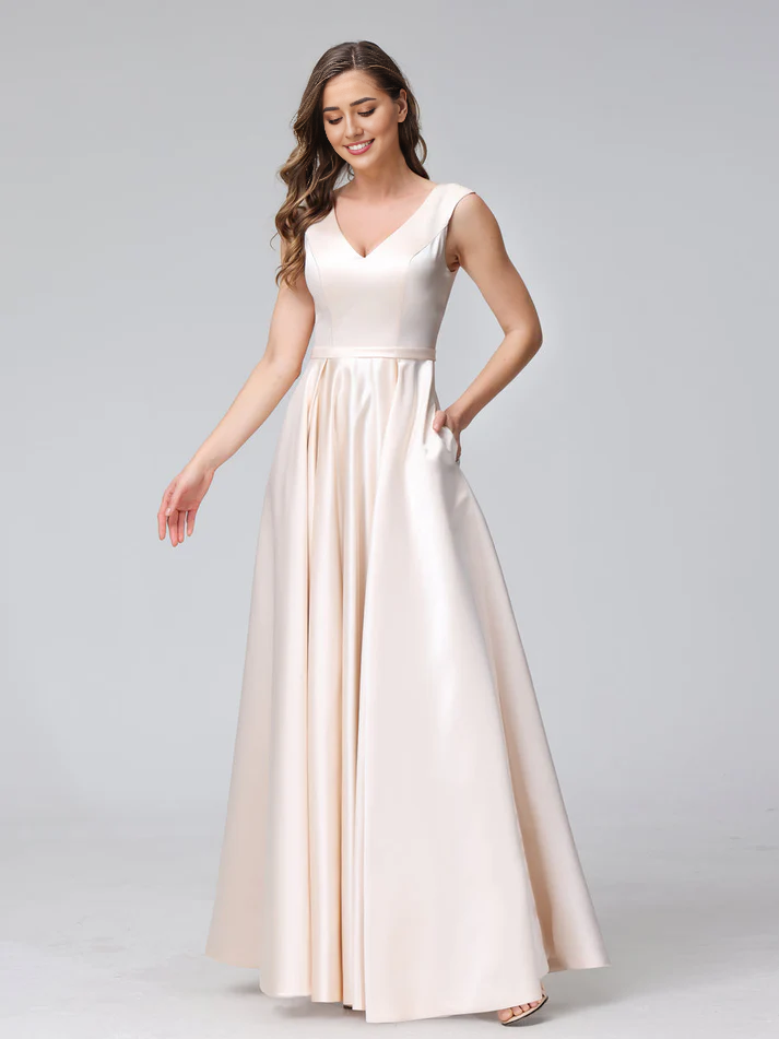 Satin V-Neck Sleeveless A-Line Floor-Length Elegant Bridesmaid Dress