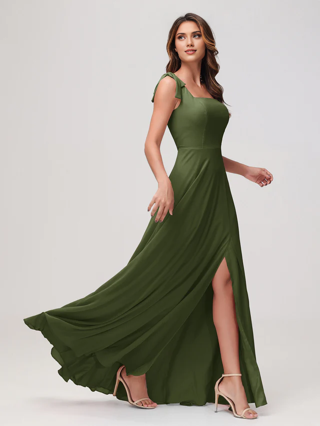 Olive Green Chiffon A-Line Floor-Length Bridesmaid Dress with Square Neck