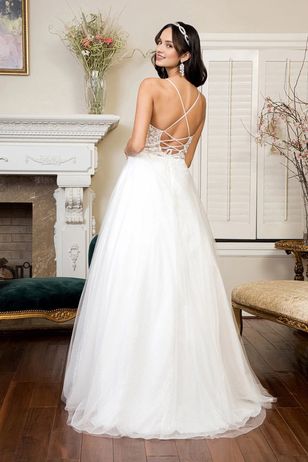 White A-Line V-Neck Floor-Length Evening Dress with Glitter Tulle Skirt