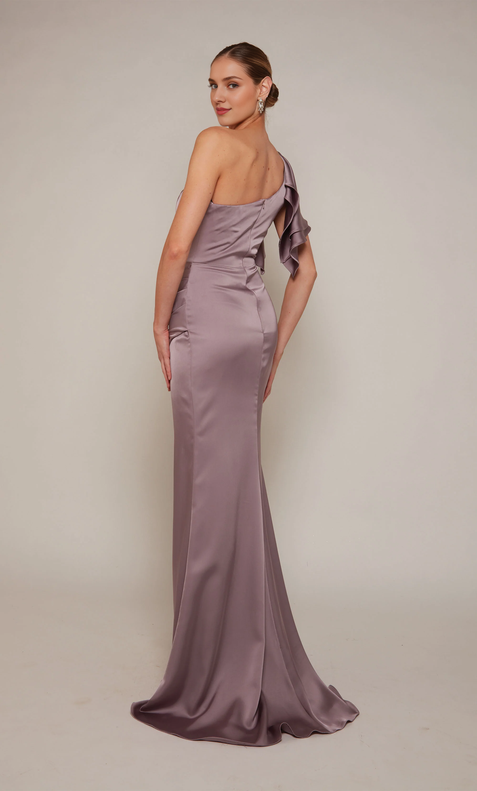 One shoulder satin straight tube backless ruffle edge slit long mothers of the bride dresses