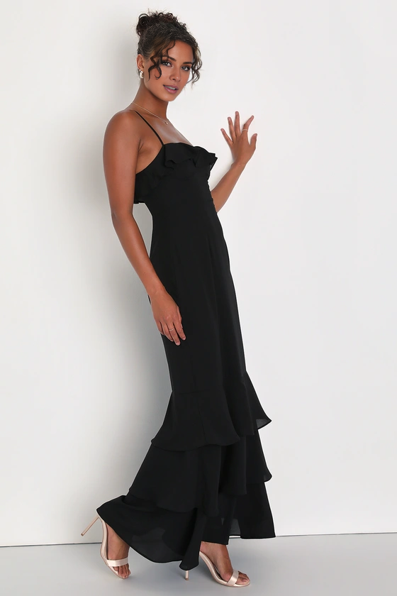 Black Chiffon Mermaid Floor-Length Dress with Straight Neck & Backless