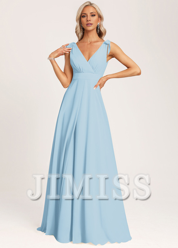 Champagne Chiffon A-Line V-Neck Floor-Length Bridesmaid Dress with Ruched Bodice and High Slit