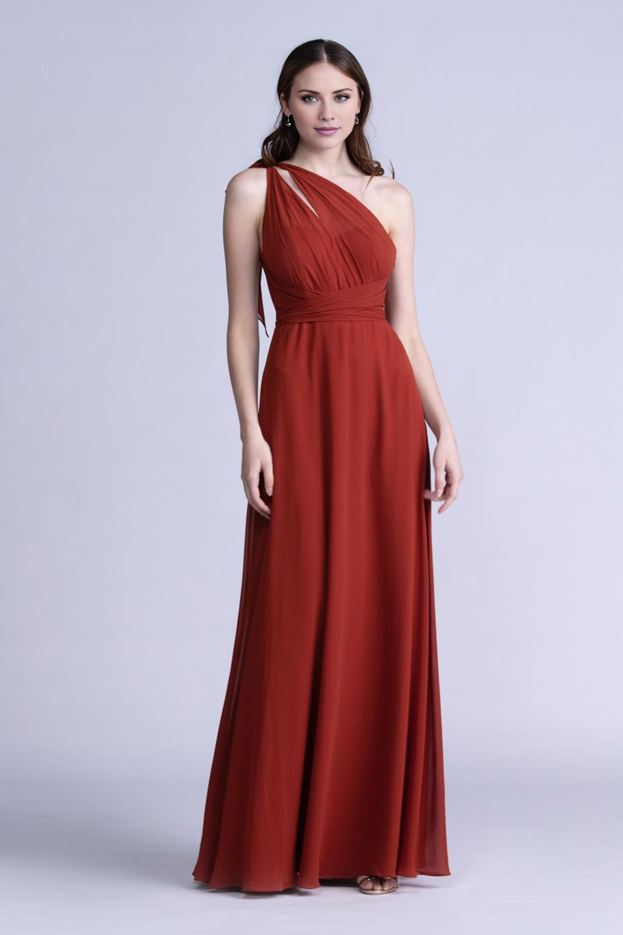 Terracotta Chiffon A-Line One Shoulder Floor-Length Bridesmaid Dress