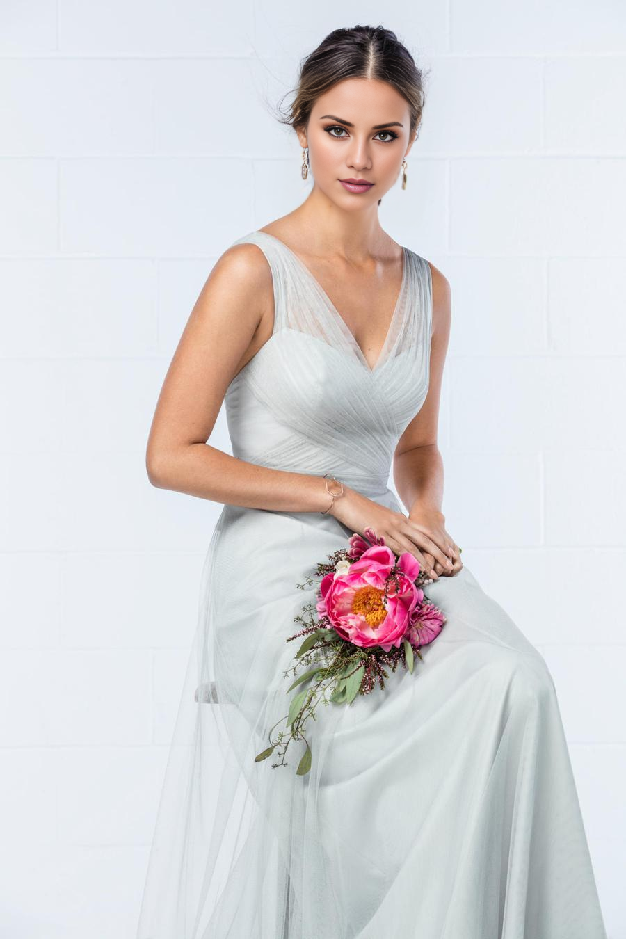 Mist Tulle A-Line V-Neck Floor-Length Bridesmaid Dress