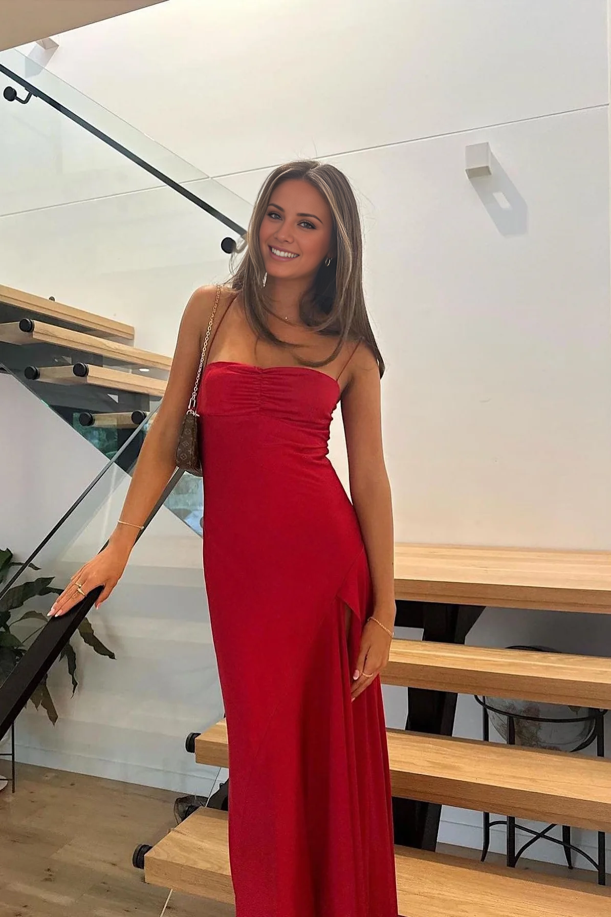 Pink Satin A-Line Floor-Length Sweetheart Dress with Ruched Bodice and High Slit