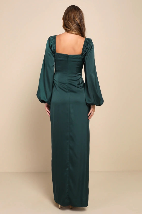 Jimiss square neckline long sleeved backless side slit and floor length evening dress