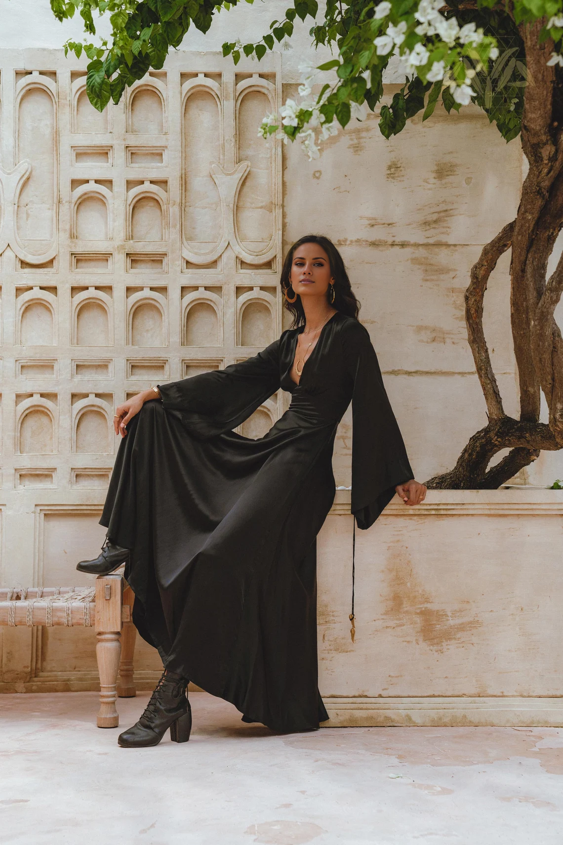 Black Satin A-Line V-Neck Floor-Length Dress