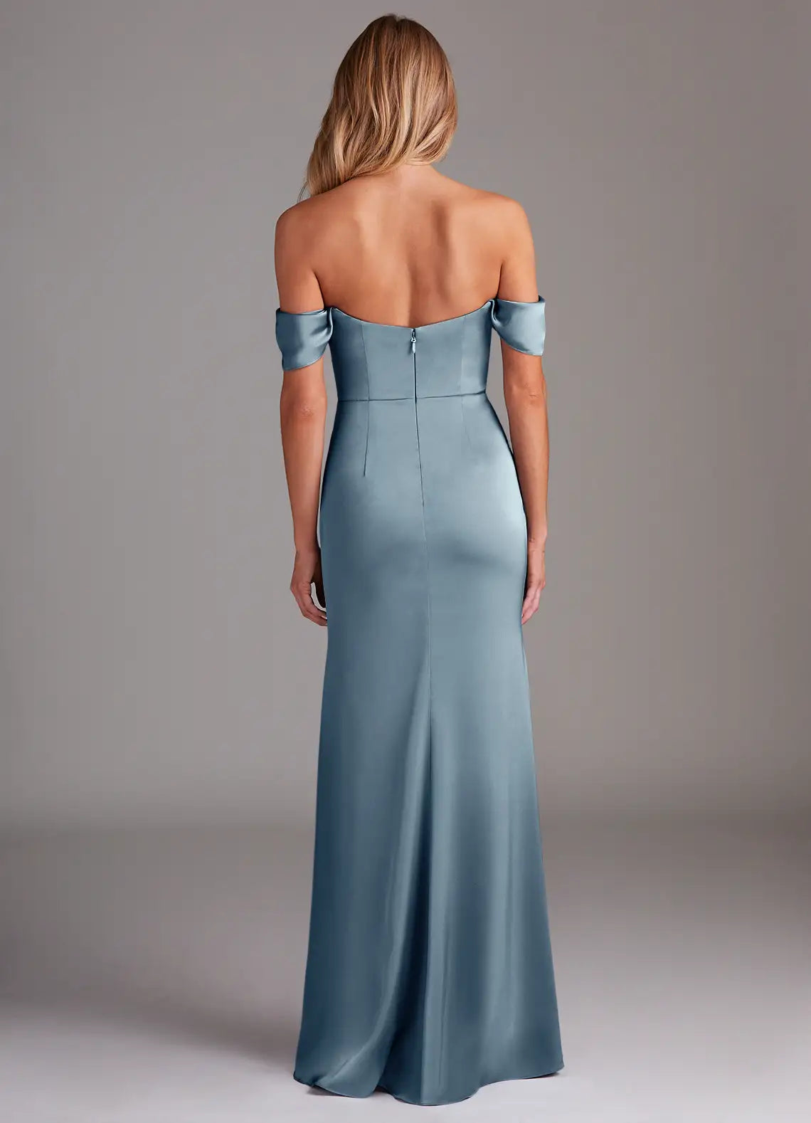 Abito da damigella d'onore in raso con spalle scoperte e spacco laterale, lunghezza pavimento - Abito Jimiss 