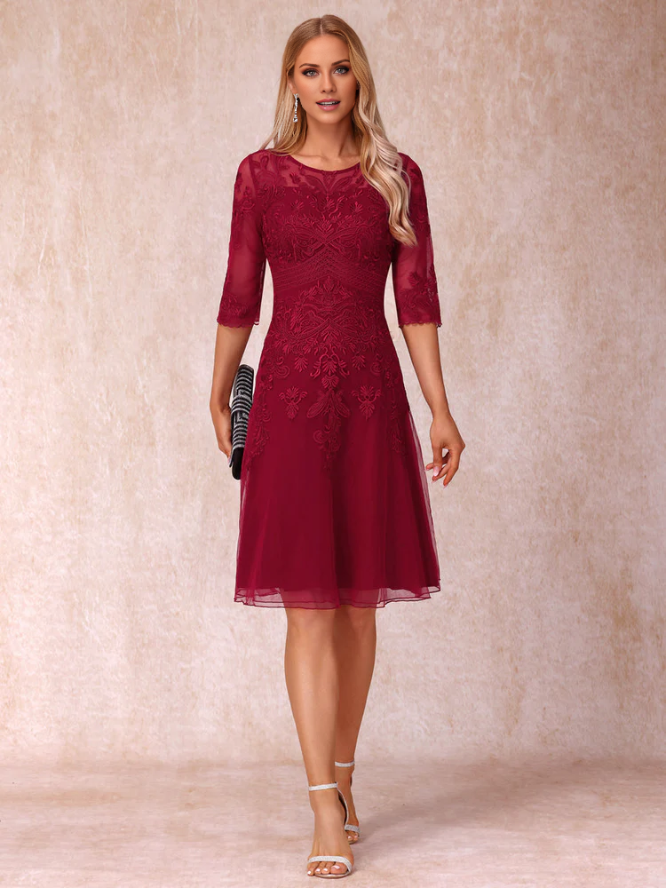 Burgundy Lace A-Line Knee-Length Dress featuring Lace Embroidered Bodice and Sheer 3/4 Sleeves