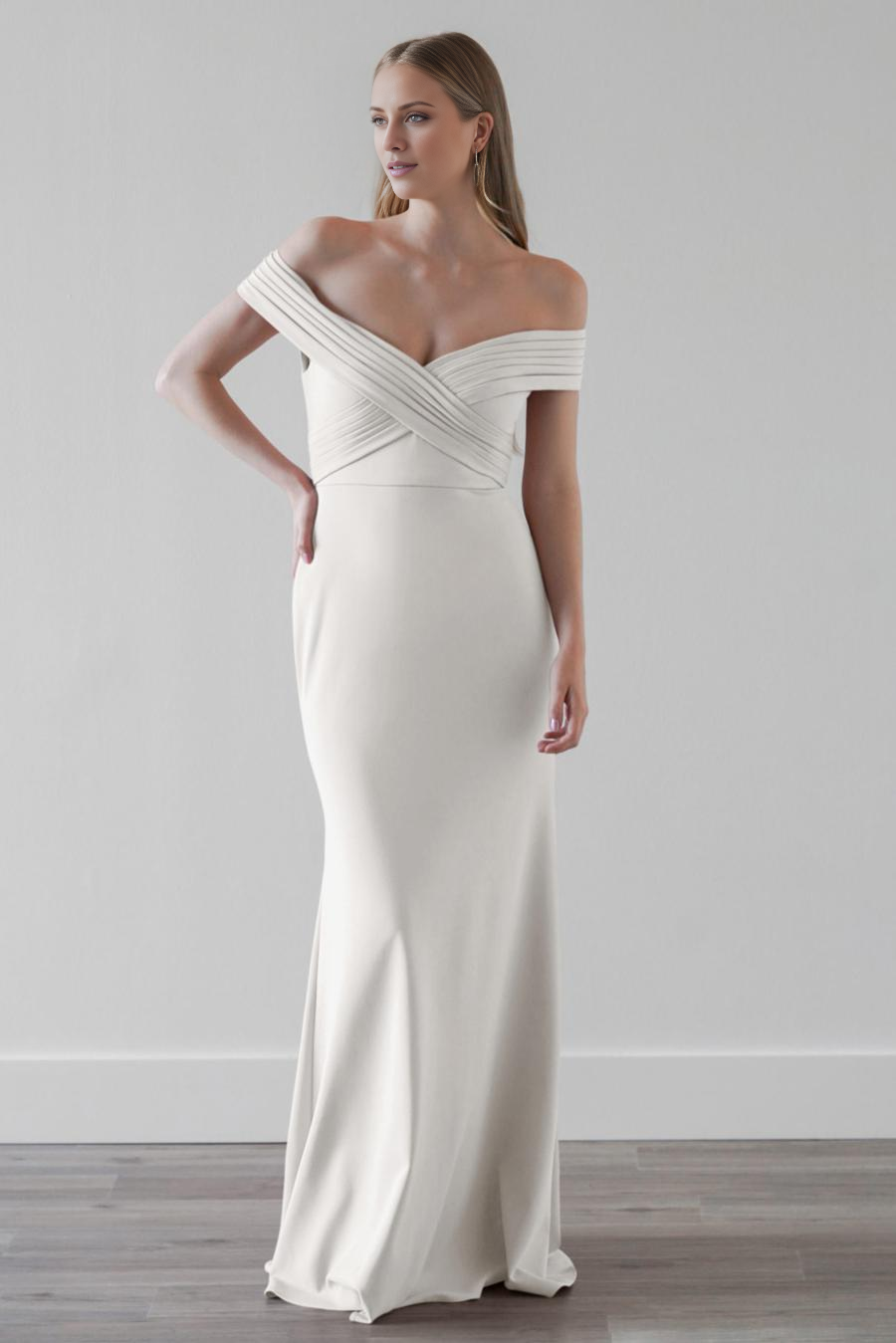 Vestido de noche Jimiss con hombros descubiertos, plisado, sin espalda y largo hasta el suelo