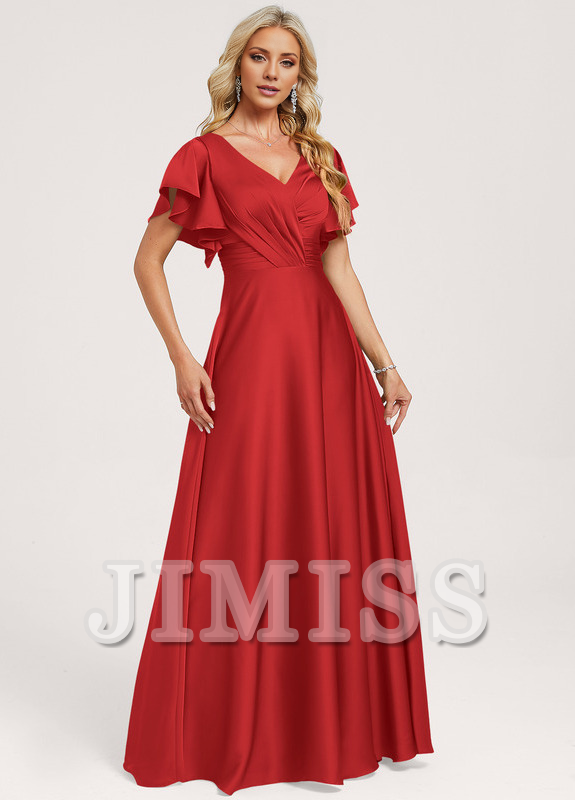 Vestido de dama de honor de satén con volantes, escote en V y largo hasta el suelo