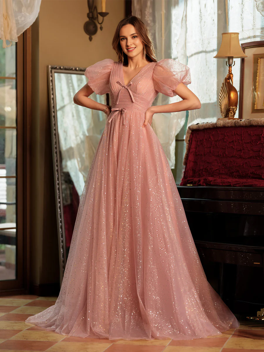 Vestido de baile largo con lazo y abertura en forma de A, estilo princesa, escote en V