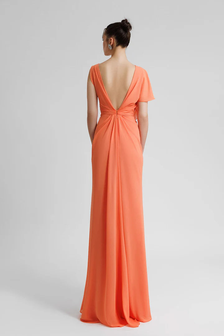 Orange Chiffon A-Line Floor-Length Bridesmaid Dress with Cowl Neck & High Slit