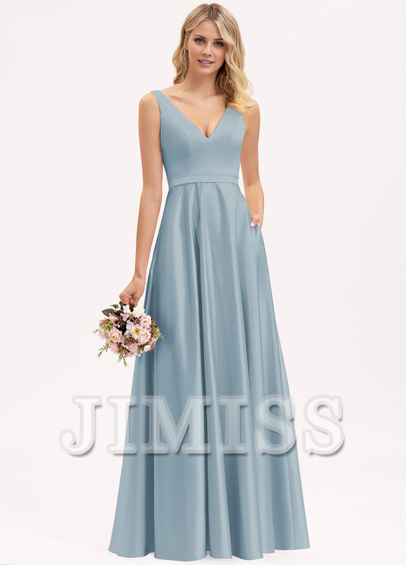 Abito da damigella d'onore in raso lungo fino al pavimento, con scollo a V e linea ad A