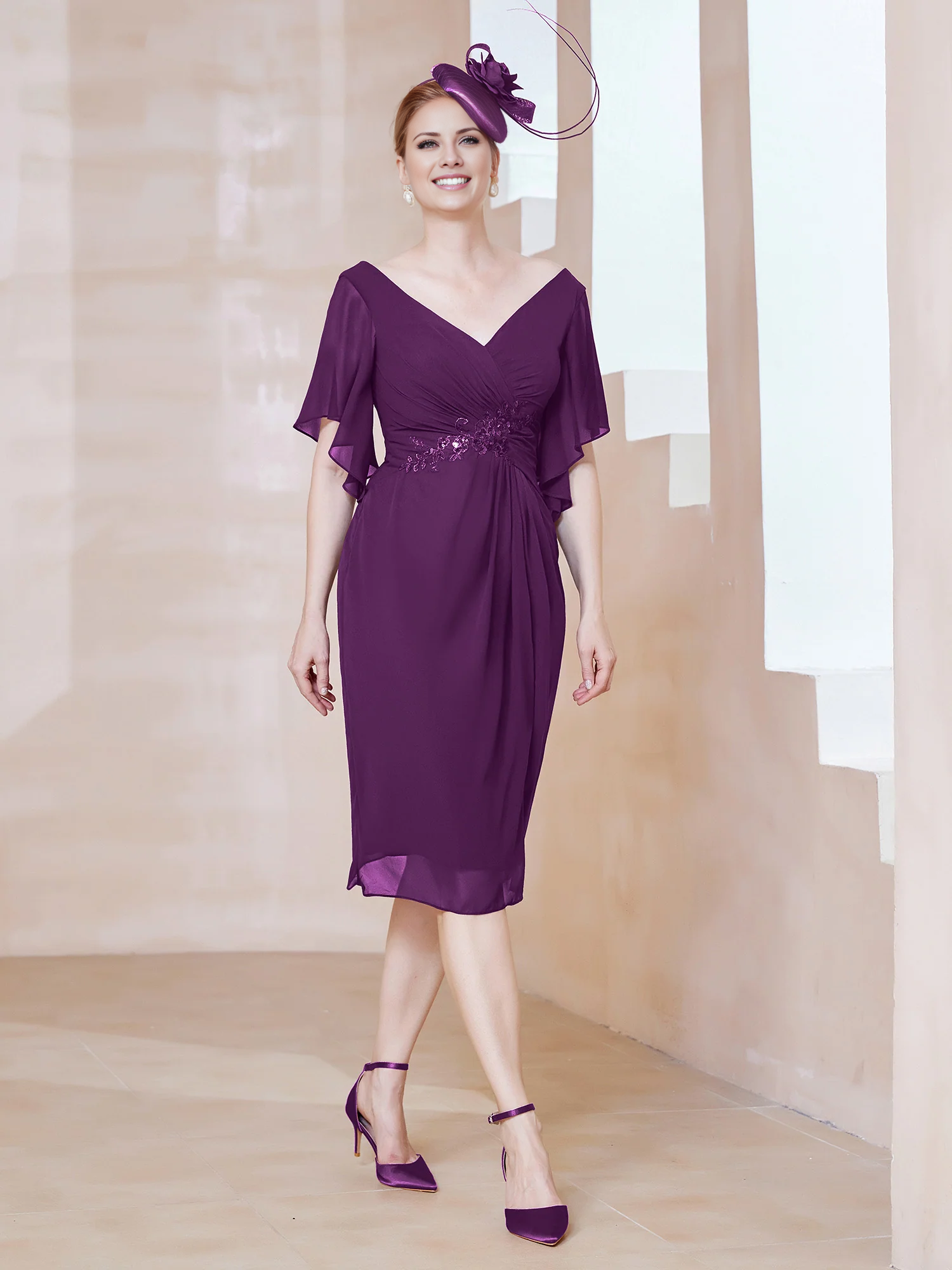 Burgundy Chiffon A-Line Knee-Length Dress with V-Neck and Flutter Sleeves