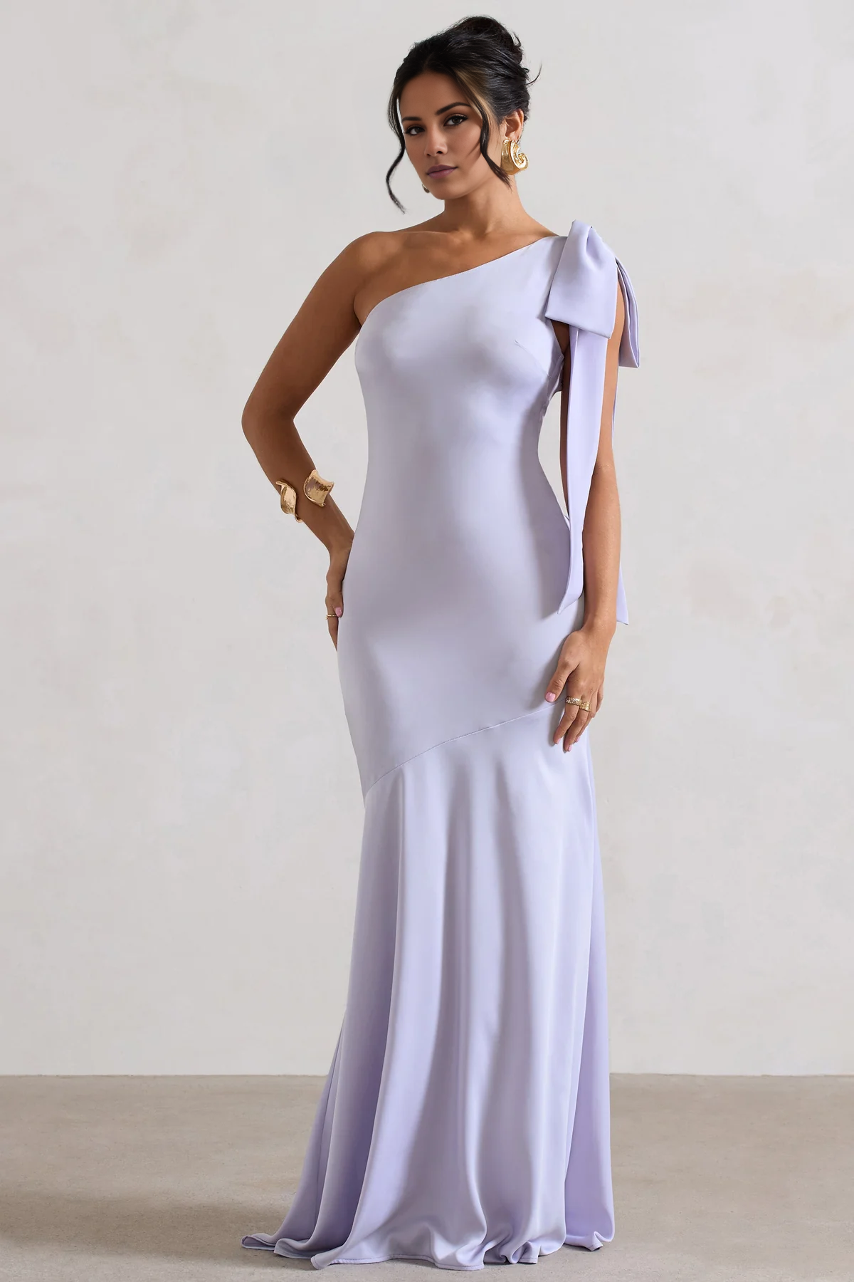 Vestido de noche largo hasta el suelo de satén con lazo y cuello asimétrico - Jimiss Dress 