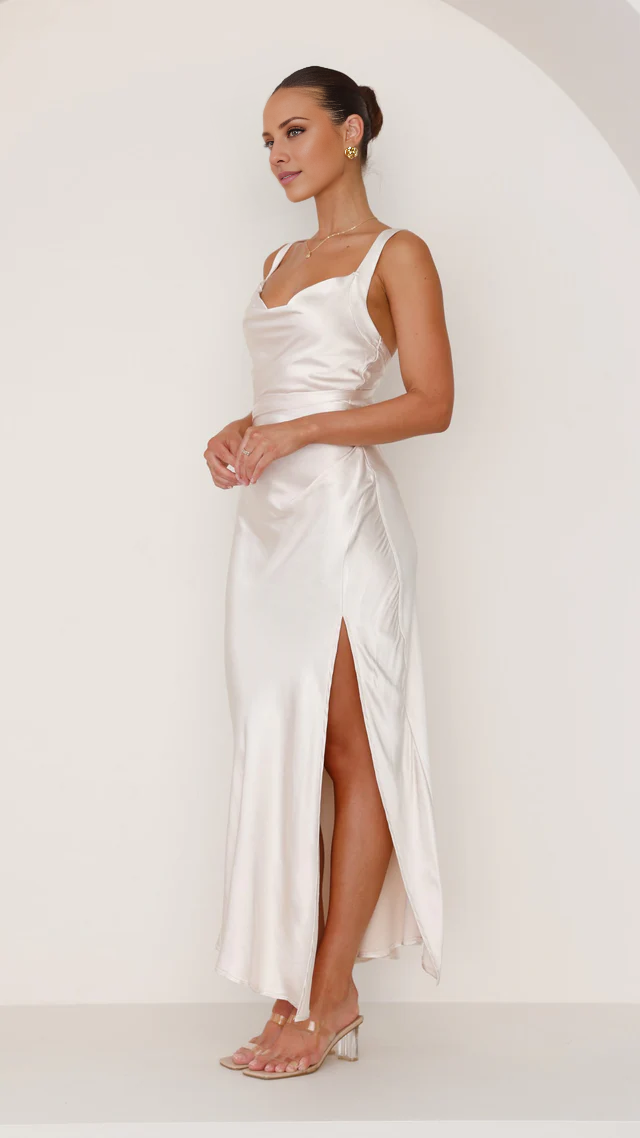 Vestido de fiesta Jimiss con cuello de bufanda, tira trasera expuesta, abertura lateral y largo hasta el suelo