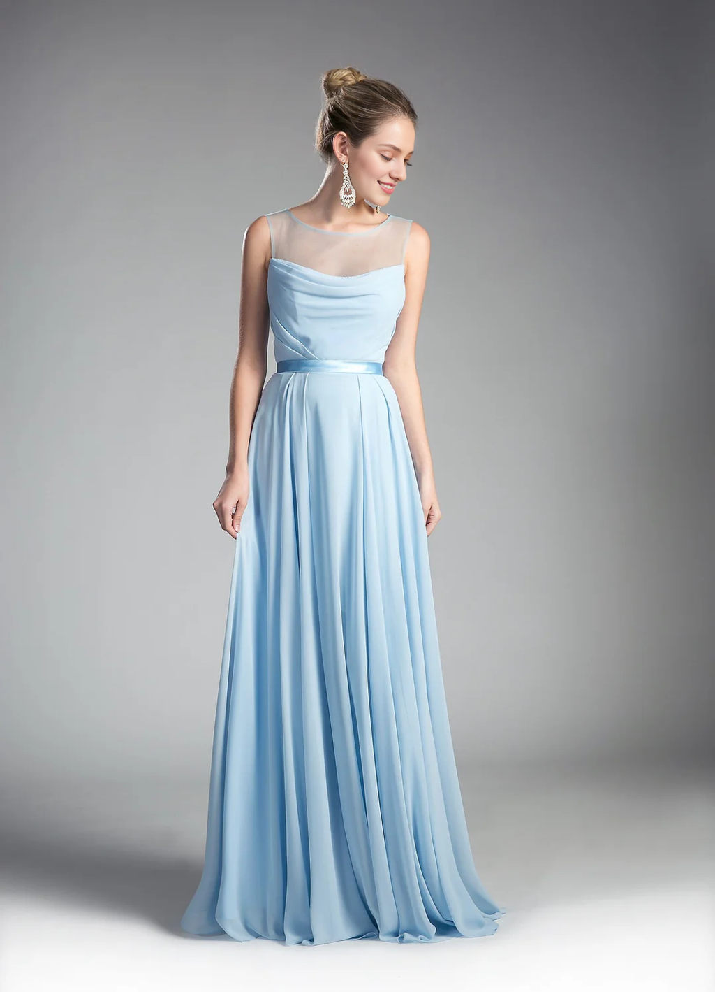 Sky Blue Chiffon A-Line Floor-Length Bridesmaid Dress with Illusion Neckline & Draped Bodice
