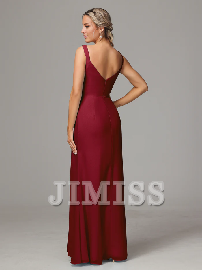 Vestido de dama de honor de gasa con escote en V, abertura, sin mangas y hombros descubiertos