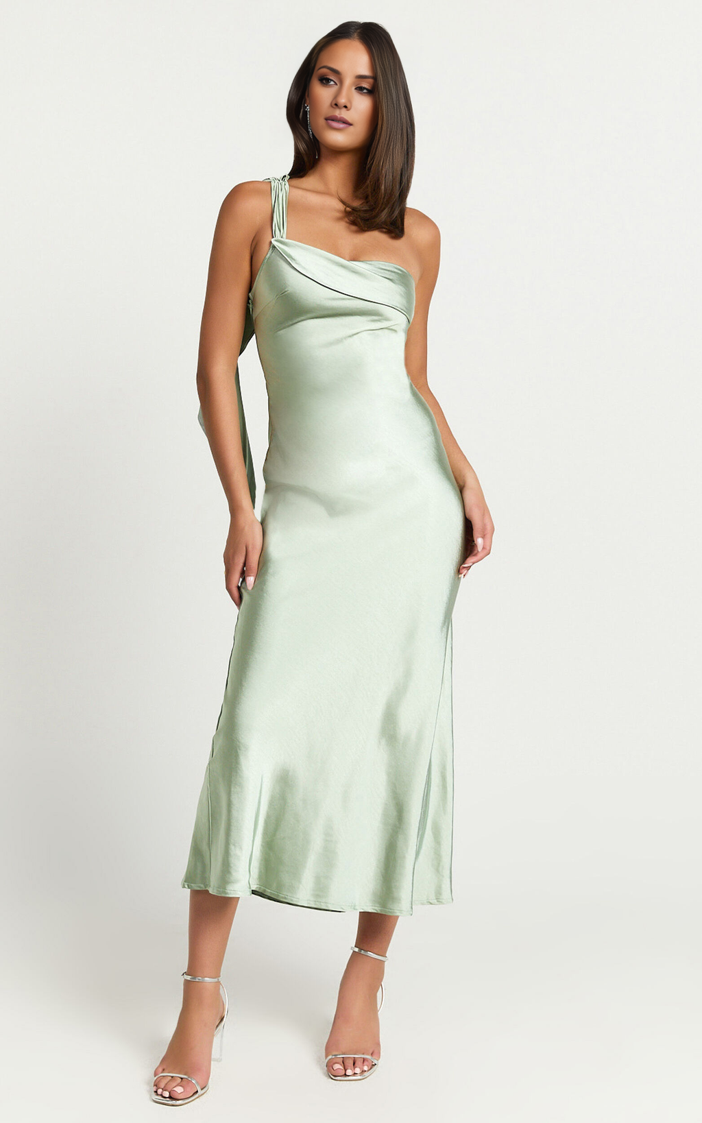 Sage Green Satin One Shoulder Cowl Neck Ankle-Length Bridesmaid Dress