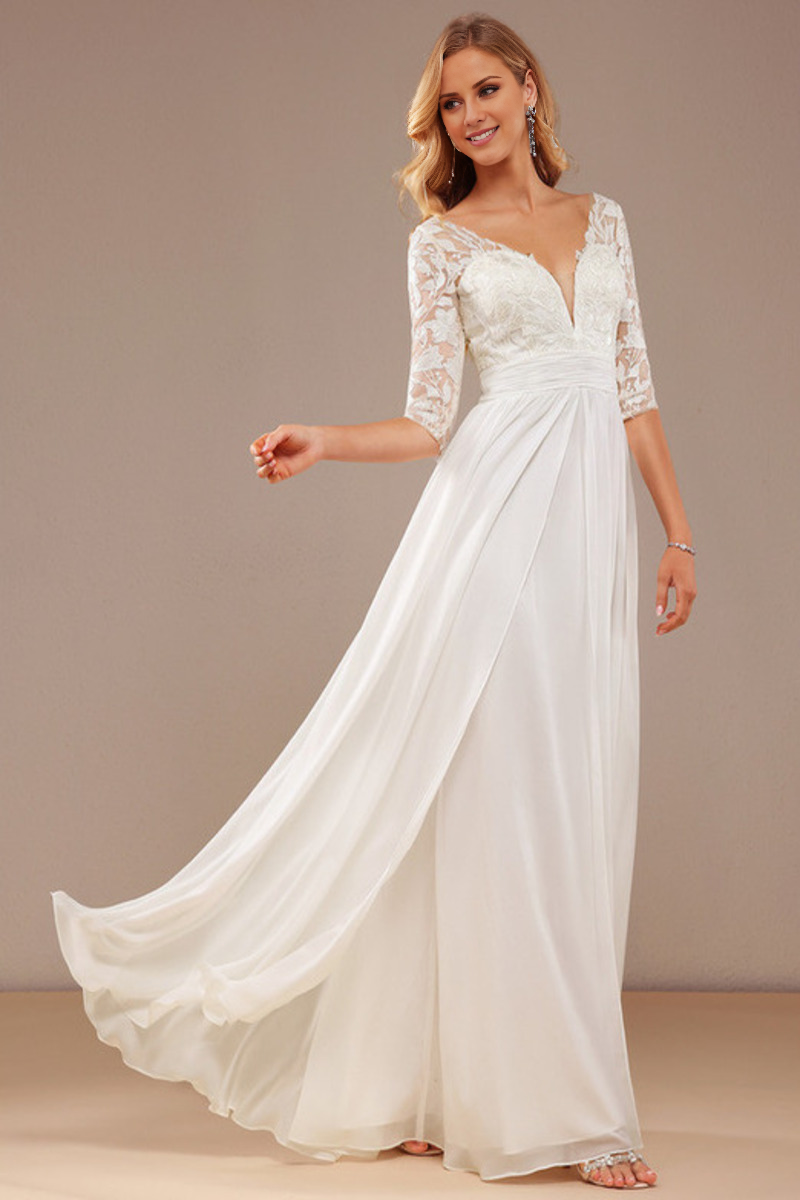 Sparkling ruffle A-line V-neck 3/4 sleeves and lace chiffon wedding dress