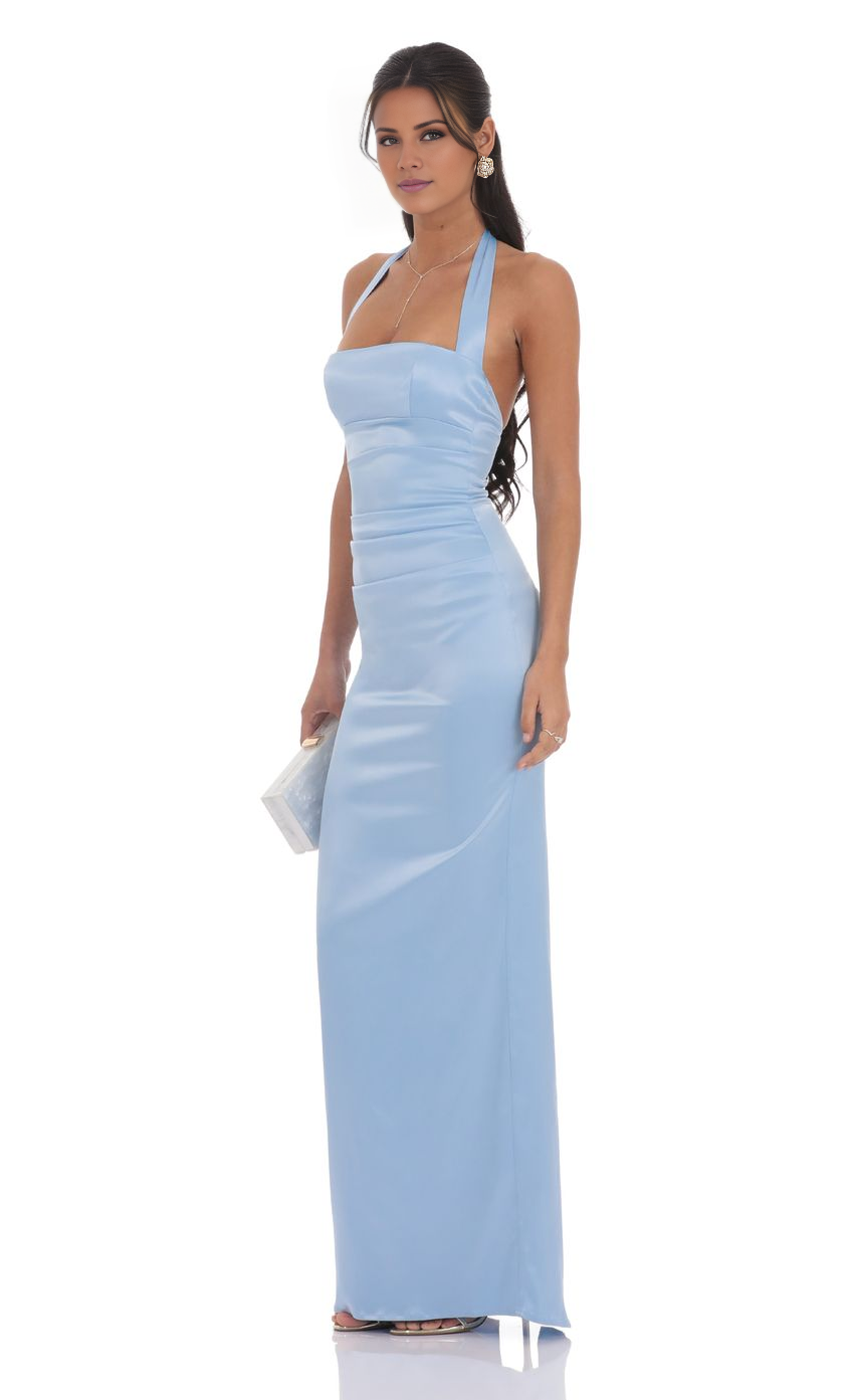 Vestido de fiesta Jimiss con cuello halter, hombros descubiertos, sin mangas, espalda descubierta y largo hasta el suelo