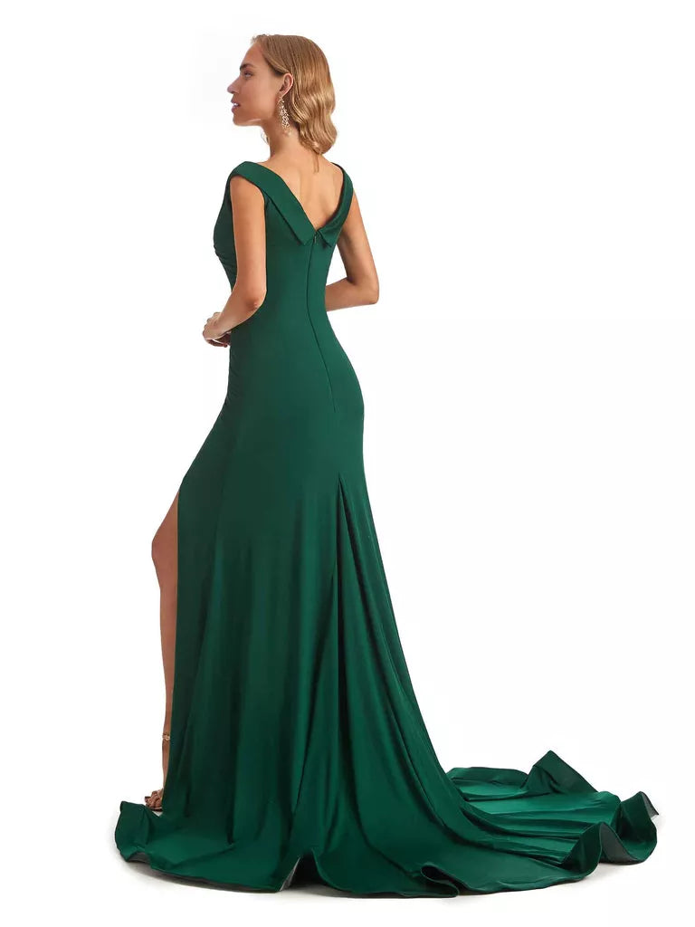 Sexy Mermaid V-neck Off The Shoulder Sleeveless Jersey Long Formal Bridesmaid Dresses