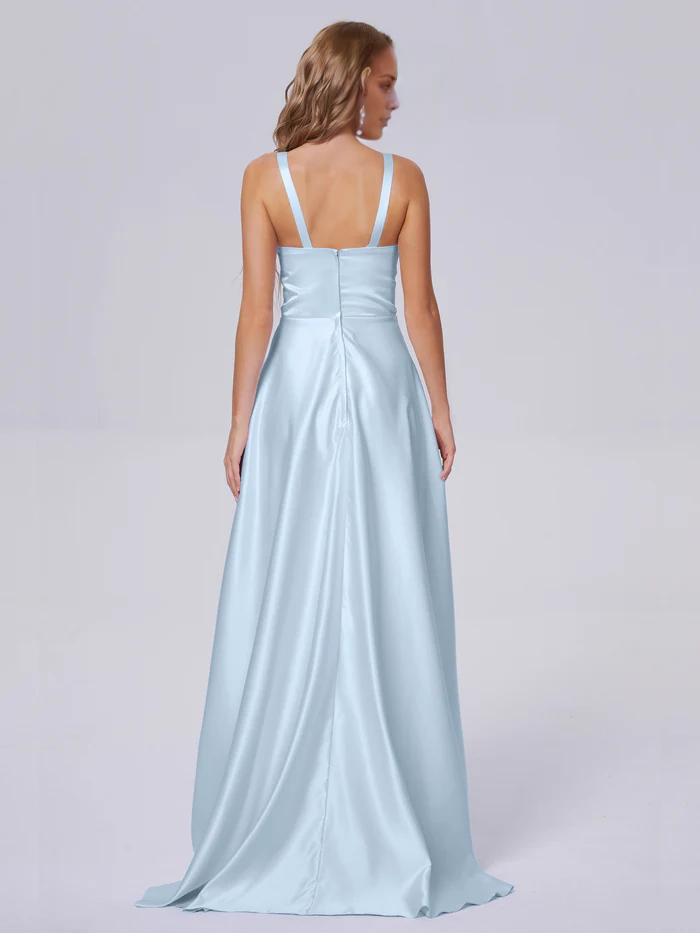 Sleeveless satin long and floor length bridesmaid dress