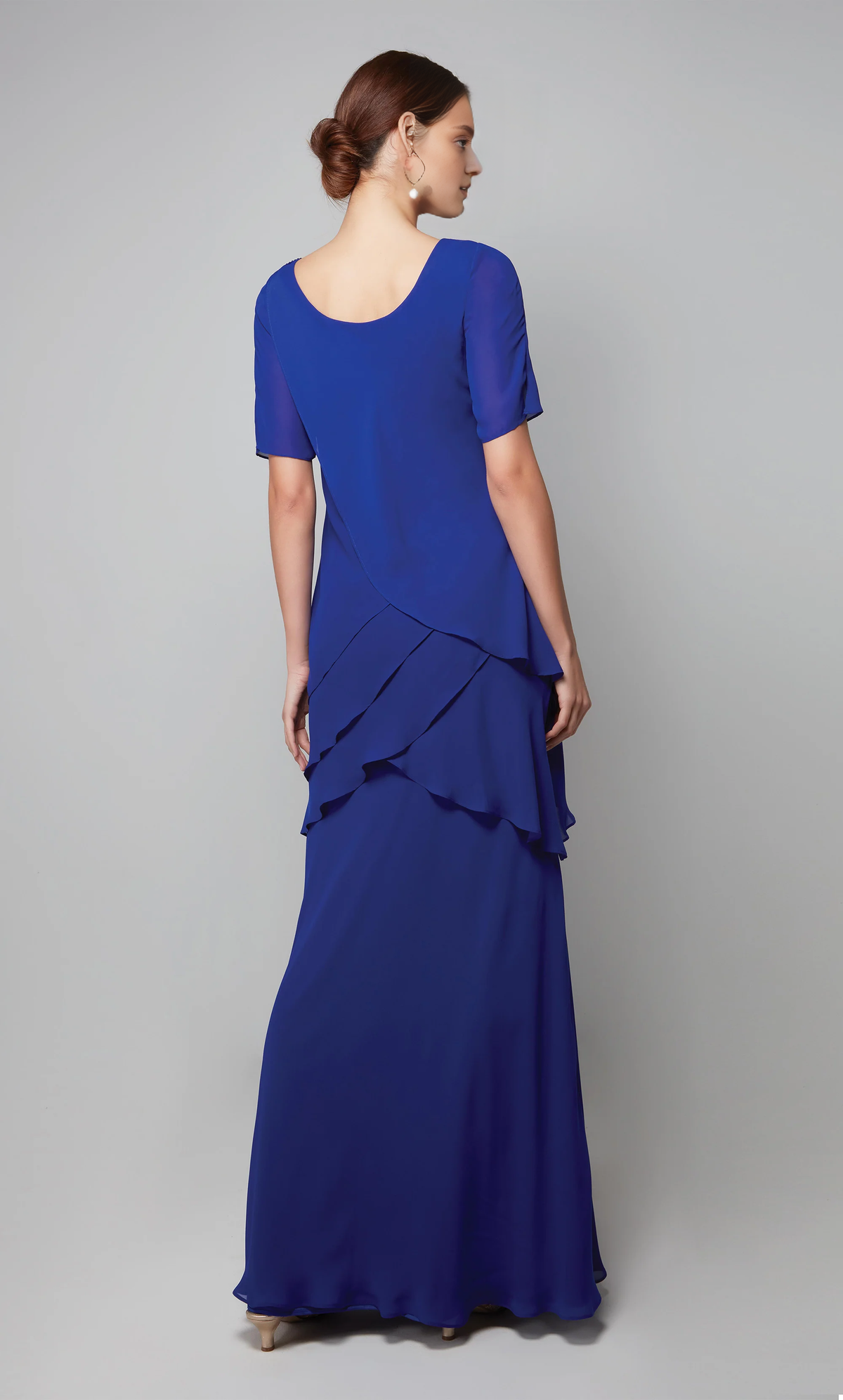 Black Chiffon A-Line Floor-Length Dress with Boat Neck & Draped Bodice