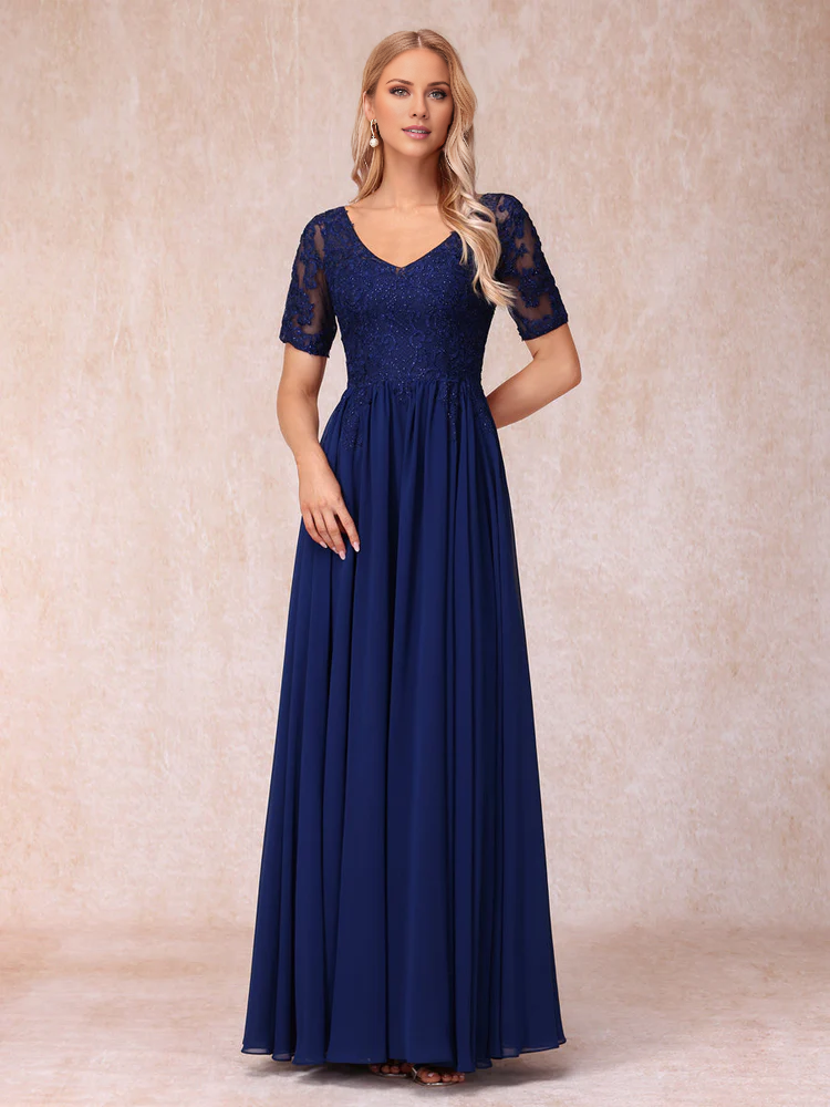 Dark Navy V-Neck Lace Chiffon A-Line Floor-Length Evening Dress