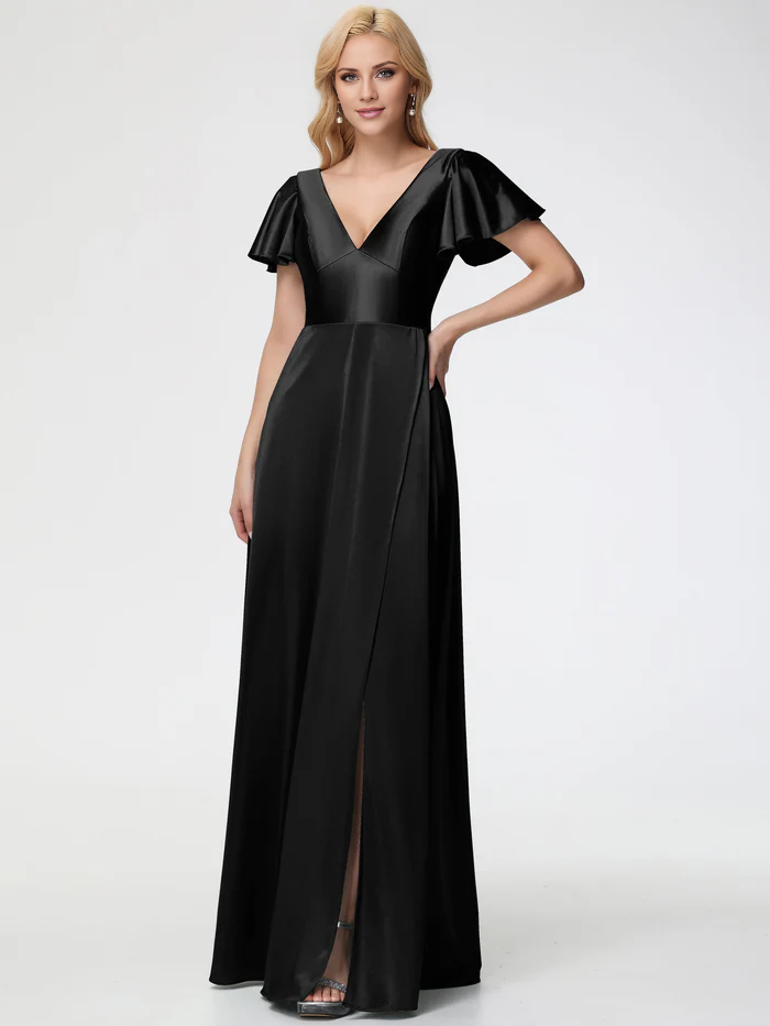 Vestido de fiesta de satén con escote en V profundo y mangas cortas de Jimiss