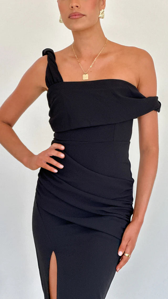 Vestido de fiesta largo de satén con escote de un solo hombro y abertura lateral sin espalda de Jimiss