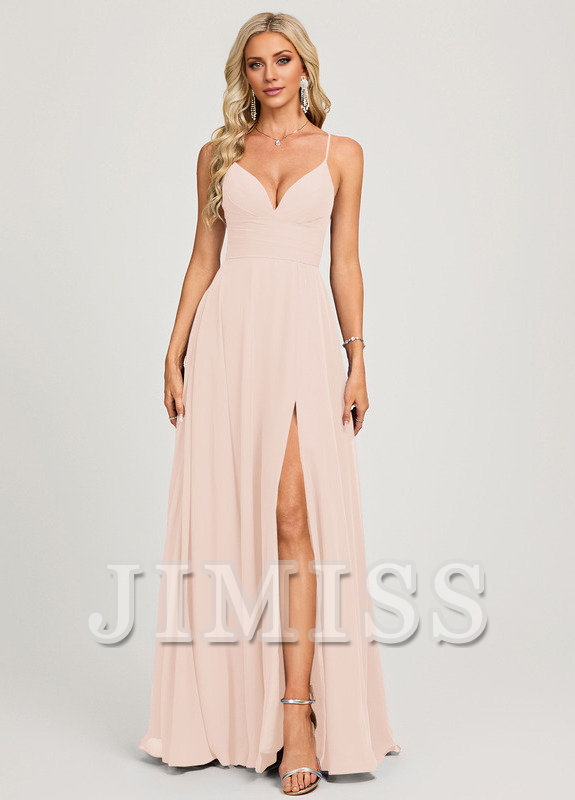 Abito da ballo in chiffon lungo fino al pavimento, plissettato e con scollo a V, a trapezio