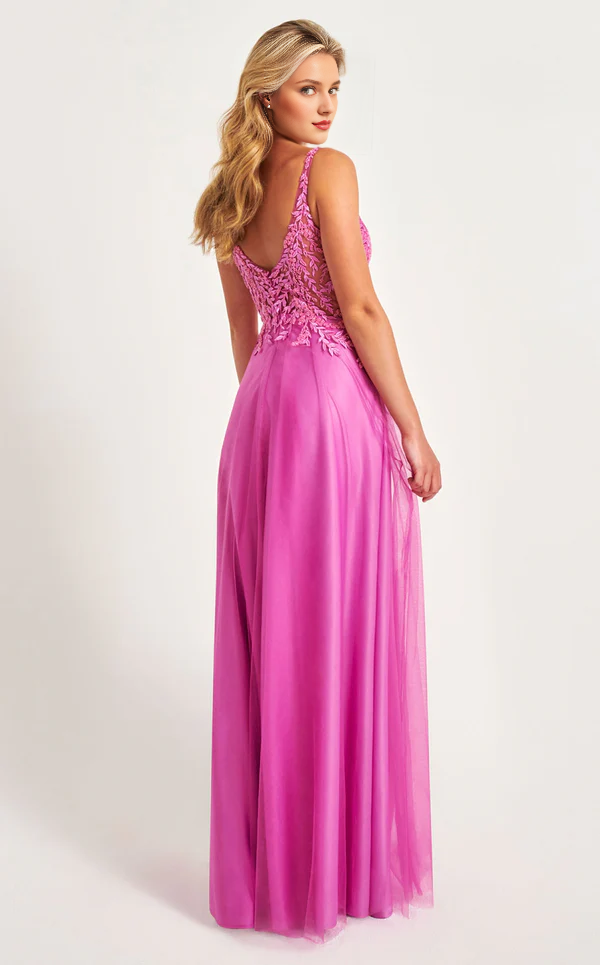 Vestido de fiesta largo hasta el suelo con escote en V, corsé ajustado, apliques de encaje y gasa